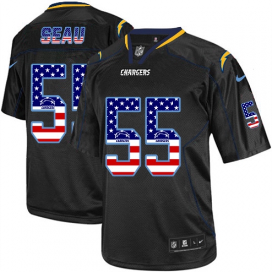 Men's Nike Los Angeles Chargers #55 Junior Seau Elite Black USA Flag Fashion NFL Jersey - Ujersey