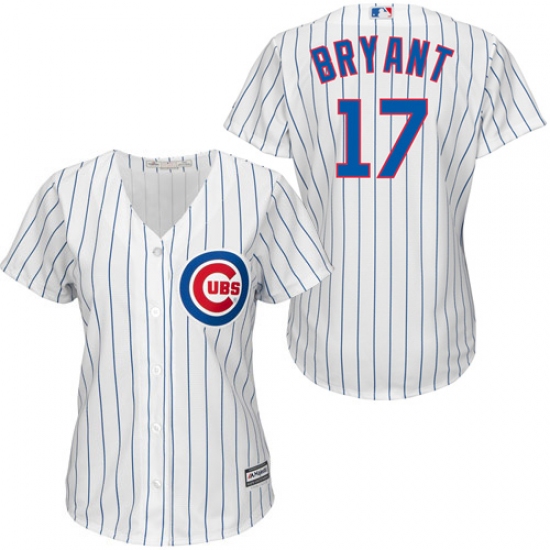 Women's Majestic Chicago Cubs #17 Kris Bryant Authentic White/Blue Strip Fashion MLB Jersey - Ujersey
