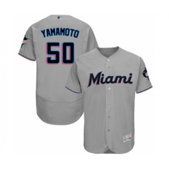 Men's Miami Marlins #50 Jordan Yamamoto Grey Road Flex Base Authentic Collection Baseball Player Jersey - Ujersey