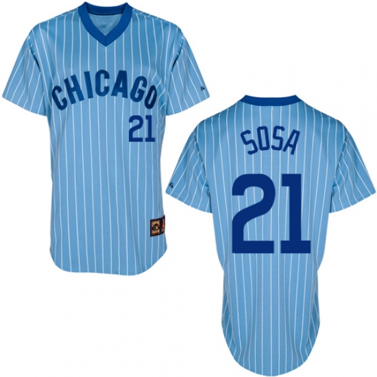 Men's Majestic Chicago Cubs #21 Sammy Sosa Authentic Blue/White Strip Cooperstown Throwback MLB Jersey - Ujersey
