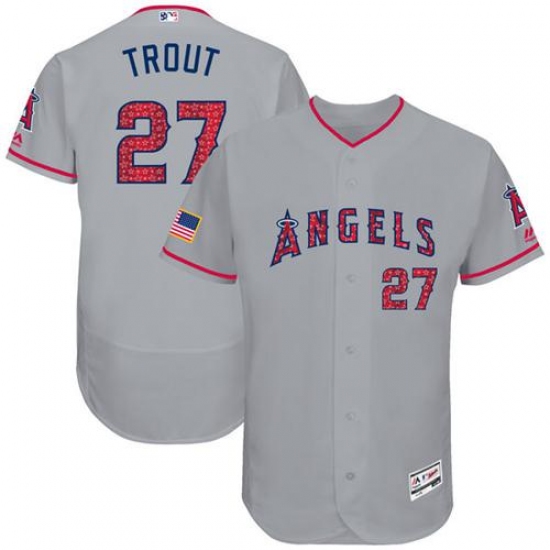 Men's Majestic Los Angeles Angels of Anaheim #27 Mike Trout Grey Stars & Stripes Authentic Collection Flex Base MLB Jersey - Ujersey