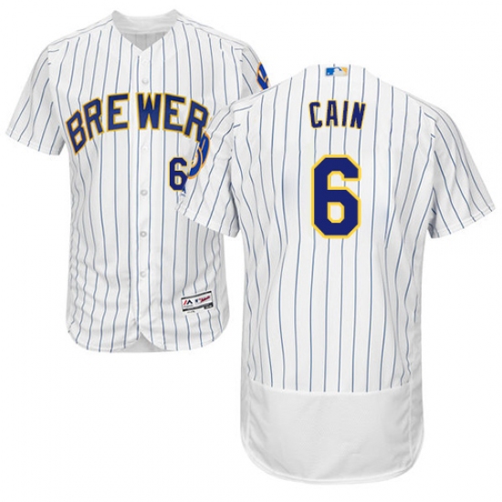 Men's Majestic Milwaukee Brewers #6 Lorenzo Cain White Home Flex Base Authentic Collection MLB Jersey - Ujersey