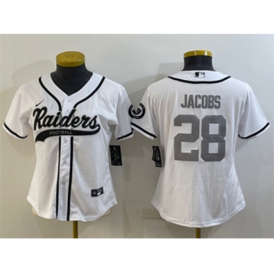 Women's Las Vegas Raiders #28 Josh Jacobs White Silver With Patch Cool Base Stitched Baseball Jersey(Run Small) - Ujersey