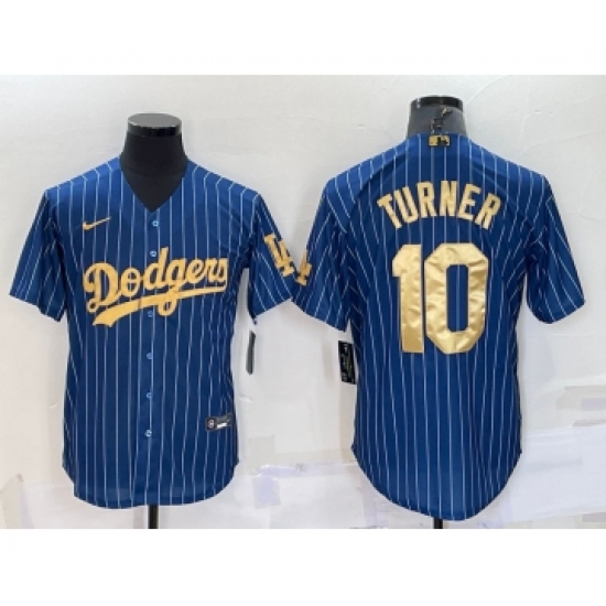 Men's Los Angeles Dodgers #10 Justin Turner Navy Blue Gold Pinstripe Stitched MLB Cool Base Nike Jersey - Ujersey