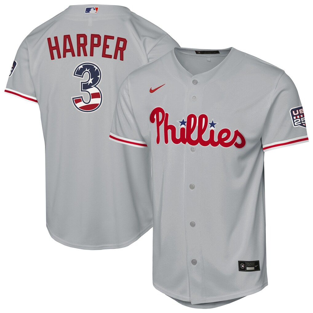 Youth Philadelphia Phillies Bryce Harper Nike Gray USA 250 Fourth of July Road Replica Jersey - Ujersey