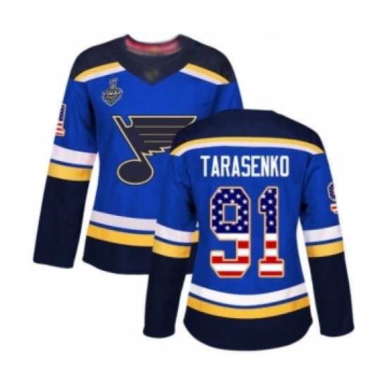 Women's St. Louis Blues #91 Vladimir Tarasenko Authentic Blue USA Flag Fashion 2019 Stanley Cup Final Bound Hockey Jersey - Ujersey