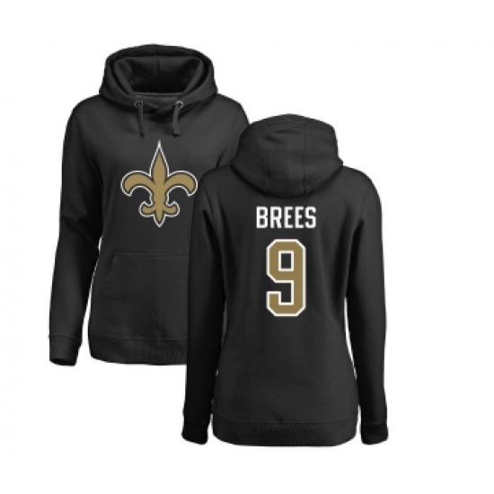 Football Women's New Orleans Saints #9 Drew Brees Black Name & Number Logo Pullover Hoodie - Ujersey