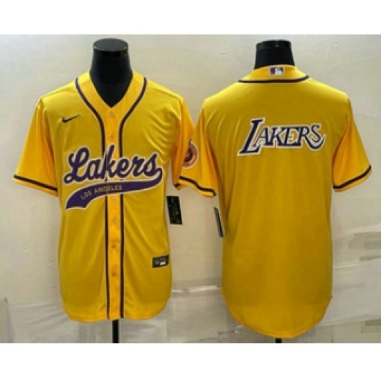 Men's Los Angeles Lakers Yellow Big Logo Cool Base Stitched Baseball Jerseys - Ujersey
