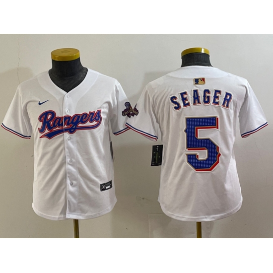 Youth Texas Rangers #5 Corey Seager White 2024 Gold Collection Limited Cool Base Jersey - Ujersey