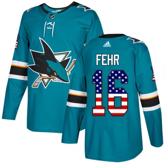 Men's Adidas San Jose Sharks #16 Eric Fehr Authentic Teal Green USA Flag Fashion NHL Jersey - Ujersey