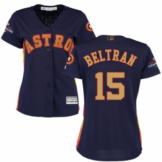 Women's Majestic Houston Astros #15 Carlos Beltran Authentic Navy Blue Alternate 2018 Gold Program Cool Base MLB Jersey - Ujersey