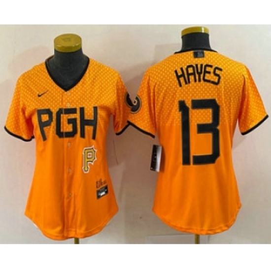 Women's Pittsburgh Pirates #13 KeBryan Hayes Yellow 2023 City Connect Stitched Jersey1 - Ujersey