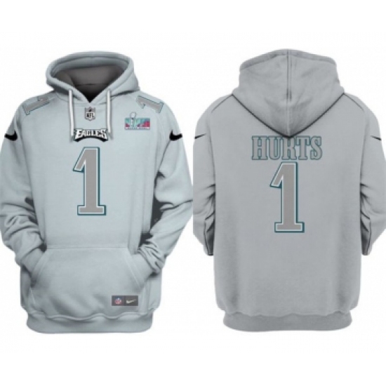 Men's Philadelphia Eagles #1 Jalen Hurts Gray Atmosphere Fashion Super Bowl LVII Patch Pullover Hoodie - Ujersey
