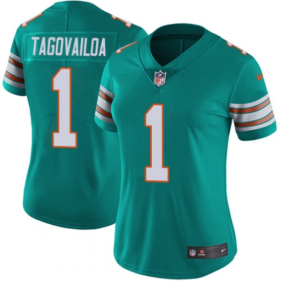 Women's Miami Dolphins #1 Tua Tagovailoa Aqua Green Alternate Stitched Vapor Untouchable Limited Jersey - Ujersey