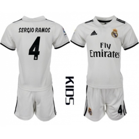 Real Madrid #4 Sergio Ramos White Home Kid Soccer Club Jersey