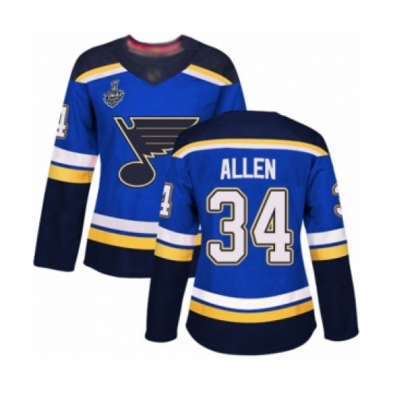 Women's St. Louis Blues #34 Jake Allen Authentic Royal Blue Home 2019 Stanley Cup Final Bound Hockey Jersey - Ujersey