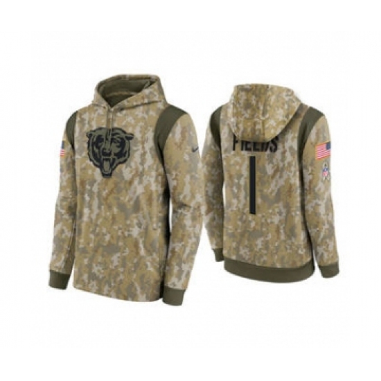 Men's Chicago Bears #1 Justin Fields Camo 2021 Salute To Service Therma Performance Pullover Football Hoodie - Ujersey