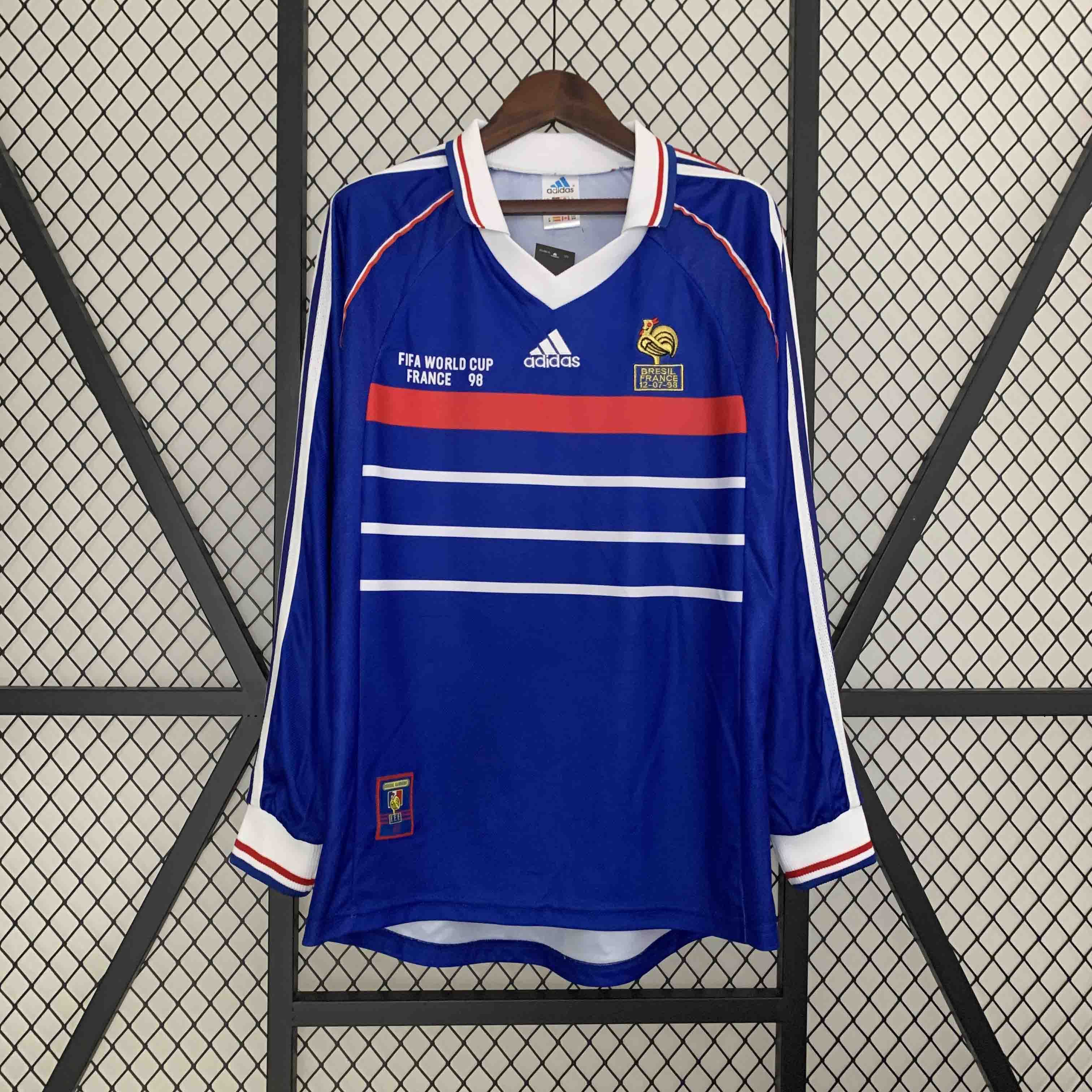 France Retro Soccer Jersey Home Long Sleeve Custom Shirt World Cup 1998 - ujerseystore