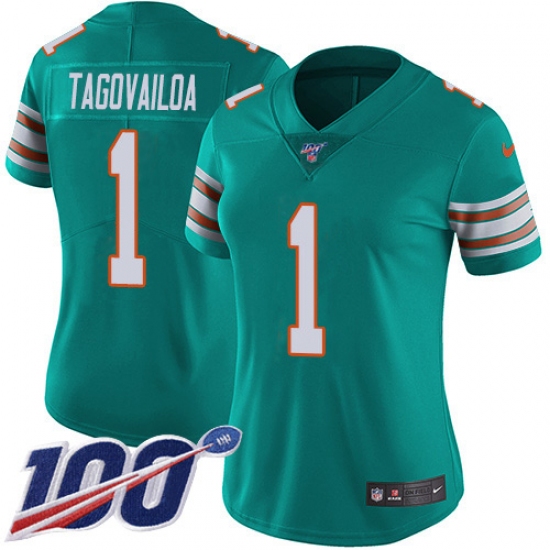 Women's Miami Dolphins #1 Tua Tagovailoa Aqua Green Alternate Stitched 100th Season Vapor Untouchable Limited Jersey - Ujersey