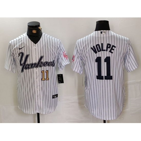 Men's New York Yankees #11 Anthony Volpe White Pinstripe Fashion Cool Base Jerseys - Ujersey