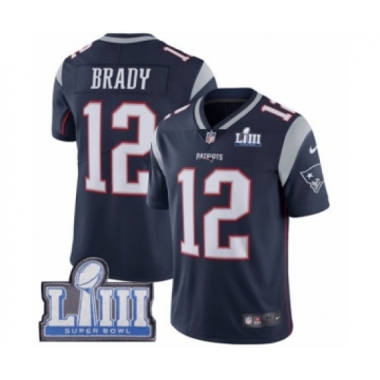 Youth Nike New England Patriots #12 Tom Brady Navy Blue Team Color Vapor Untouchable Limited Player Super Bowl LIII Bound NFL Jersey - Ujersey