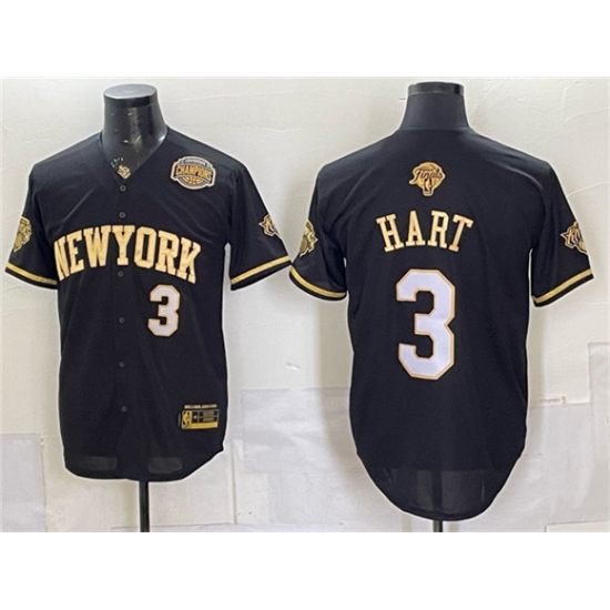 Men's New York Knicks #3 Josh Hart Black Gold 2026 Finals & Eastern Conference Champions Stitched Baseball Jersey - Ujersey