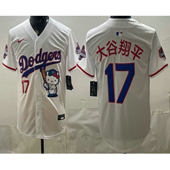 Men's Los Angeles Dodgers #17 Shohei Ohtani White Japanese Hello Kitty 2025 World Series Champions Limited Jersey - Ujersey