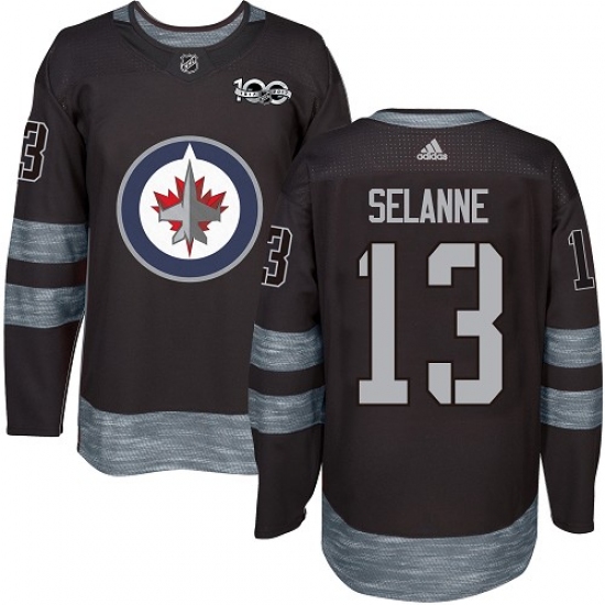 Men's Adidas Winnipeg Jets #13 Teemu Selanne Authentic Black 1917-2017 100th Anniversary NHL Jersey
