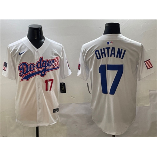 Men's Los Angeles Dodgers #17 Shohei Ohtani White With American Flag Limited Stitched Baseball Jersey - Ujersey