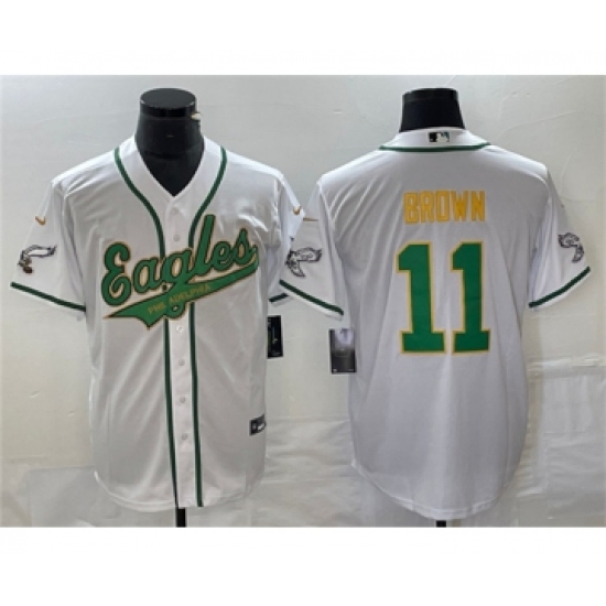 Men's Nike Philadelphia Eagles #11 A. J. Brown White Gold Cool Base Baseball Stitched Jersey - Ujersey