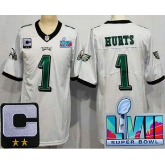 Women's Philadelphia Eagles #1 Jalen Hurts Limited White C Patch Super Bowl LVII Vapor Jersey - Ujersey