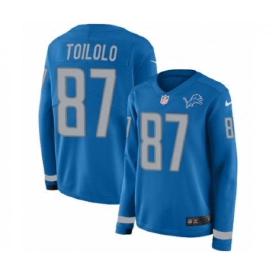 Women's Nike Detroit Lions #87 Levine Toilolo Limited Blue Therma Long Sleeve NFL Jersey - Ujersey