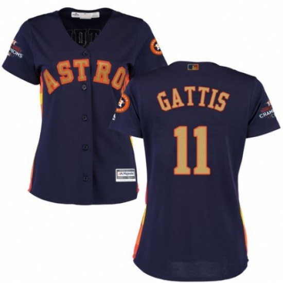 Women's Majestic Houston Astros #11 Evan Gattis Authentic Navy Blue Alternate 2018 Gold Program Cool Base MLB Jersey