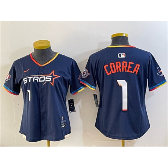 Women's Houston Astros #1 Carlos Correa Navy 2025 City Connect With Texas Patch Limited Stitched Baseball Jersey(Run Small) - Ujersey