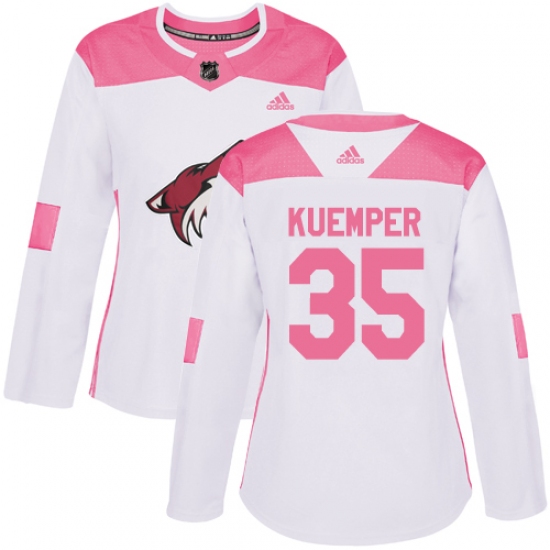 Women's Adidas Arizona Coyotes #35 Darcy Kuemper Authentic White Pink Fashion NHL Jersey - Ujersey
