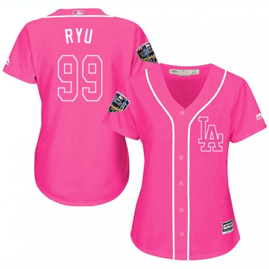 Women's Majestic Los Angeles Dodgers #99 Hyun-Jin Ryu Authentic Pink Fashion Cool Base 2018 World Series MLB Jersey - Ujersey