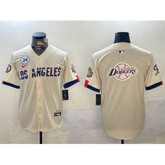 Men's Los Angeles Dodgers Team Big Logo Cream 2024 World Series With No. 34 Limited Stitched Baseball Jersey
