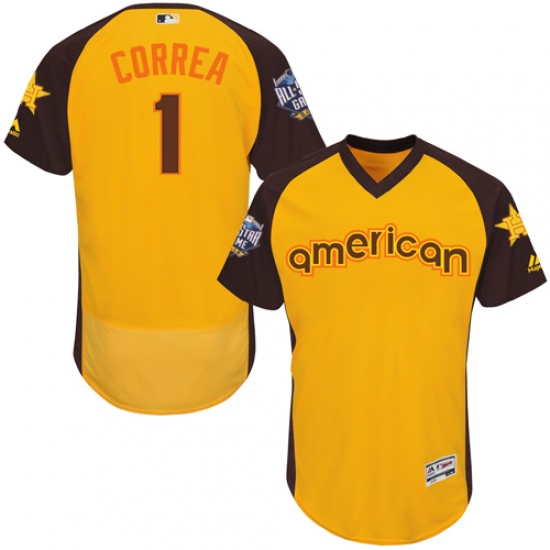 Men's Majestic Houston Astros #1 Carlos Correa Yellow 2016 All-Star American League BP Authentic Collection Flex Base MLB Jersey - Ujersey