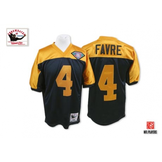 Mitchell and Ness Green Bay Packers #4 Brett Favre Authentic Navy Blue/Gold With 75th Patch Throwback NFL Jersey - Ujersey