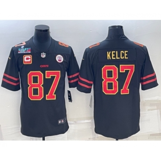 Men’s Kansas City Chiefs #87 Travis Kelce Black Red Gold Super Bowl LVII Patch And 4-star C Patch Vapor Untouchable Limited Stitched Jersey - Ujersey