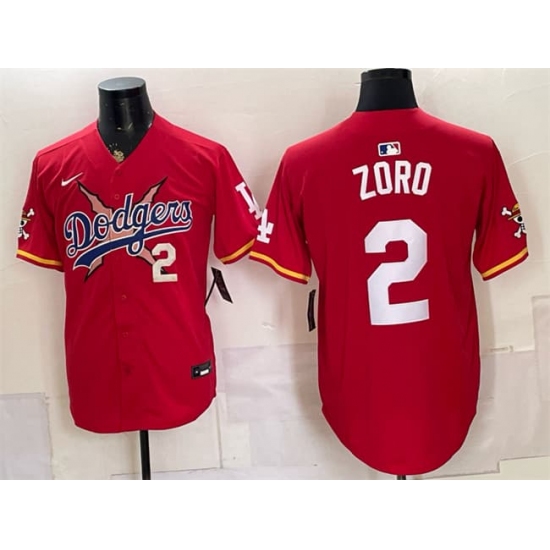 Men's Los Angeles Dodgers x One Piece #2 Zoro Red Vapor Premier Limited Stitched Baseball Jersey - Ujersey