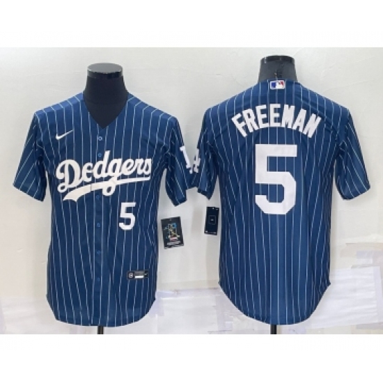 Men's Los Angeles Dodgers #5 Freddie Freeman Number Navy Blue Pinstripe Stitched MLB Cool Base Nike Jersey - Ujersey