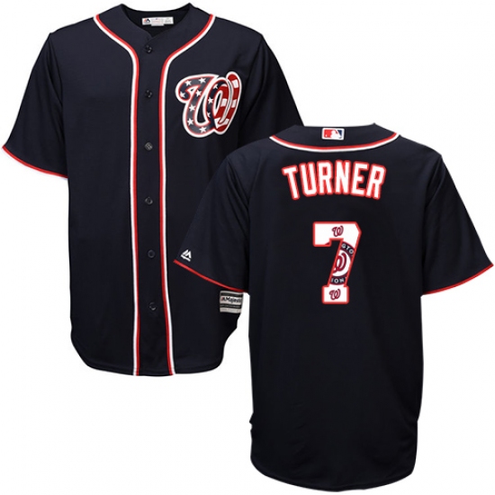 Men's Majestic Washington Nationals #7 Trea Turner Authentic Navy Blue Team Logo Fashion Cool Base MLB Jersey - Ujersey