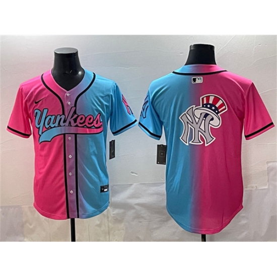 Men's New York Yankees Team Big Logo Pink Blue Limited Stitched Baseball Jersey - Ujersey