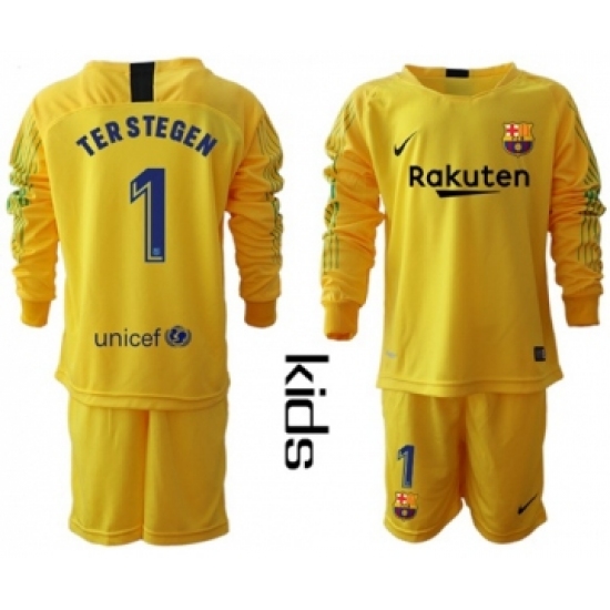 Barcelona #1 Ter Stegen Yellow Goalkeeper Long Sleeves Kid Soccer Club Jersey