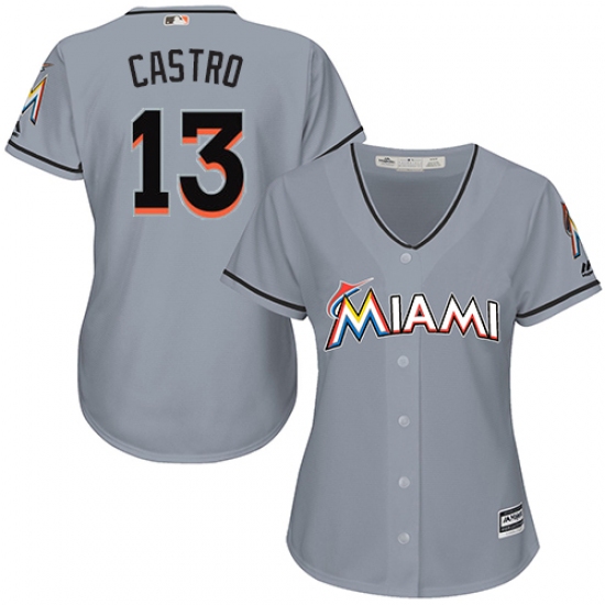 Women's Majestic Miami Marlins #13 Starlin Castro Authentic Grey Road Cool Base MLB Jersey - Ujersey