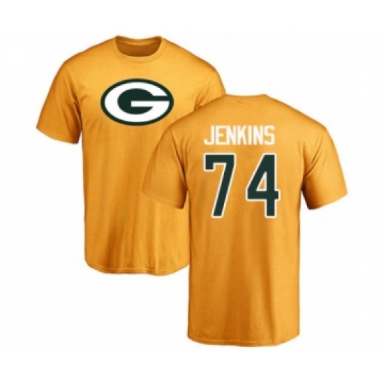 Football Green Bay Packers #74 Elgton Jenkins Gold Name & Number Logo T-Shirt - Ujersey