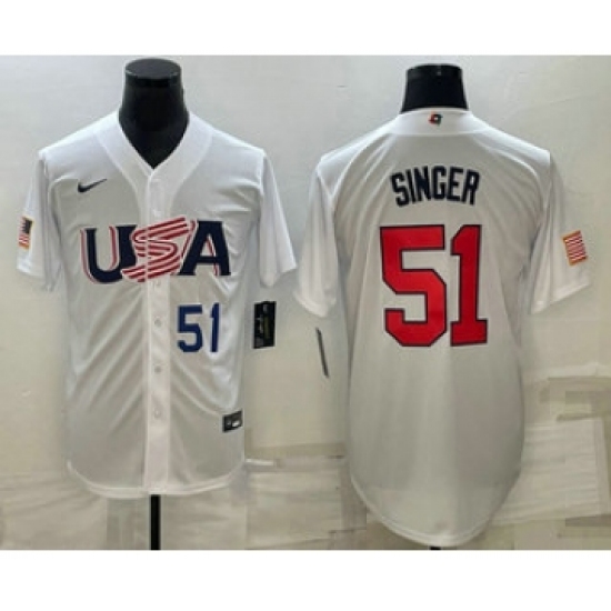 Men's USA Baseball #51 Brady Singer Number 2023 White World Baseball Classic Stitched Jersey