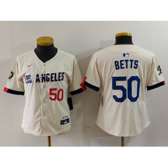 Women's Los Angeles Dodgers #50 Mookie Betts Number Cream 2024 City Connect Limited Stitched Jersey - Ujersey