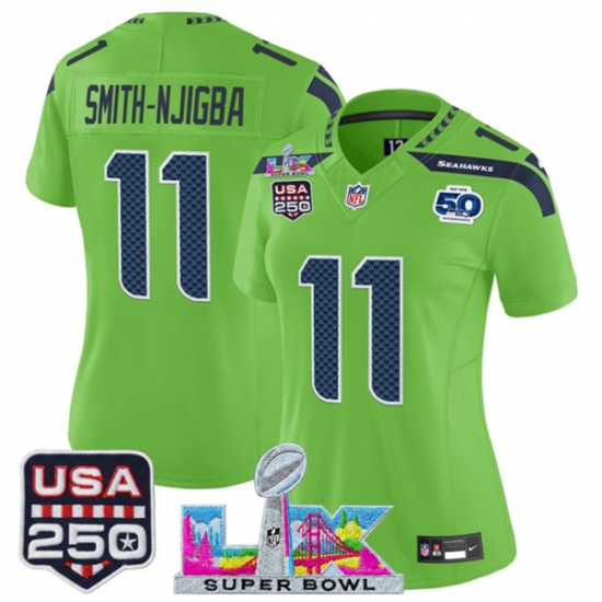 Women's Seattle Seahawks #11 Jaxon Smith-Njigba Green 2025 F.U.S.E. Super Bowl LX And 50th Season & USA 250 Vapor Limited Football Stitched Jersey - Ujersey